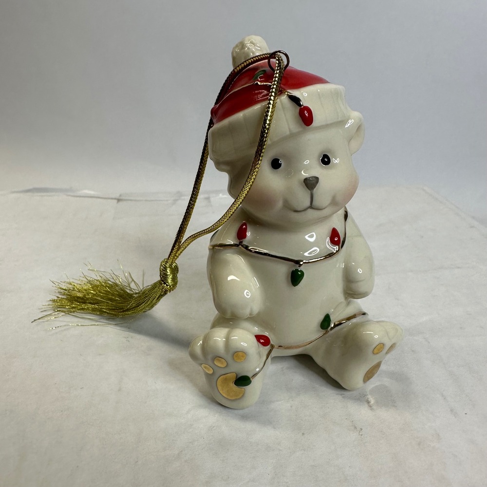 Lenox Christmas Teddy Bear Very Merry Ornament Ivory China Gold Accents with Box